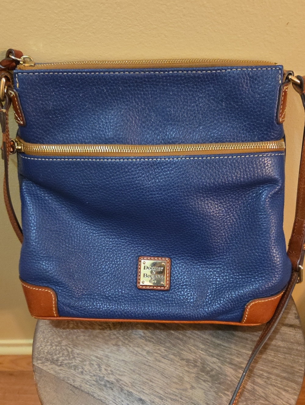 Dooney & Bourke Pebble Grain Blue Leather Crossbody with Tan Trim